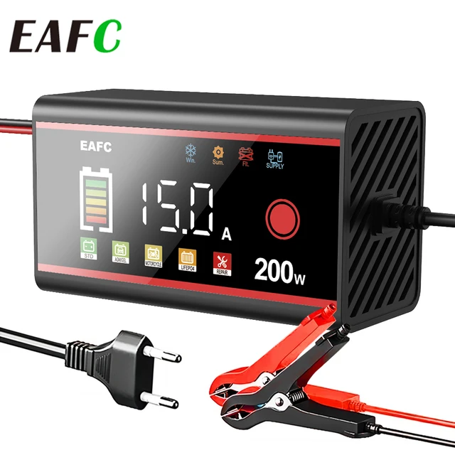EAFC 12V 15A 8A Car Smart Battery Charger 200W/100W Large LED Display Battery Pulse Use For Calcium, GEL, AGM, Wet, EFB, LIFEPO4