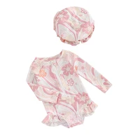 Toddler Infant Baby Girl Swimsuit Long Sleeve Rash Guard  Floral Zipper Bathing Suit Ruffled Beach Wear 4