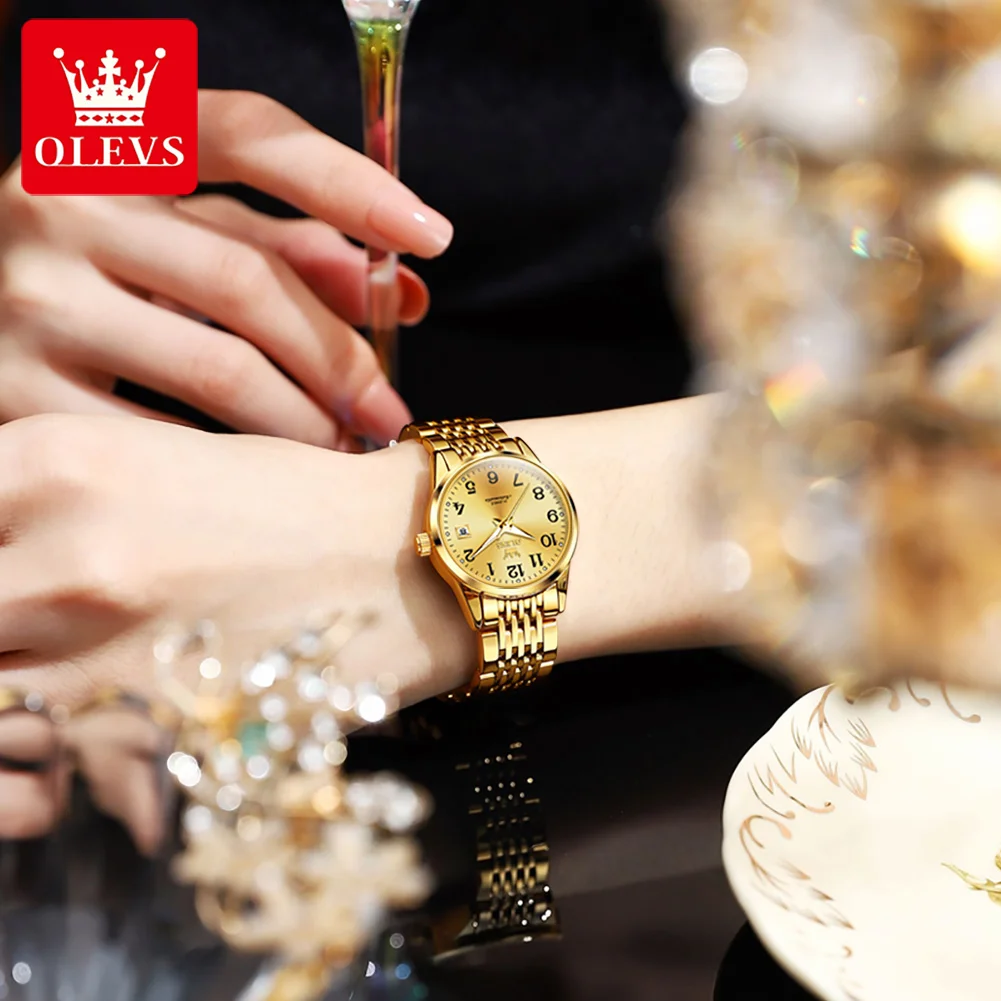OLEVS Simple Women Mechanical Watch Luxury Gold Stainless Steel Waterproof Luminous Calendar Automatic Watch for Women Gift 6666