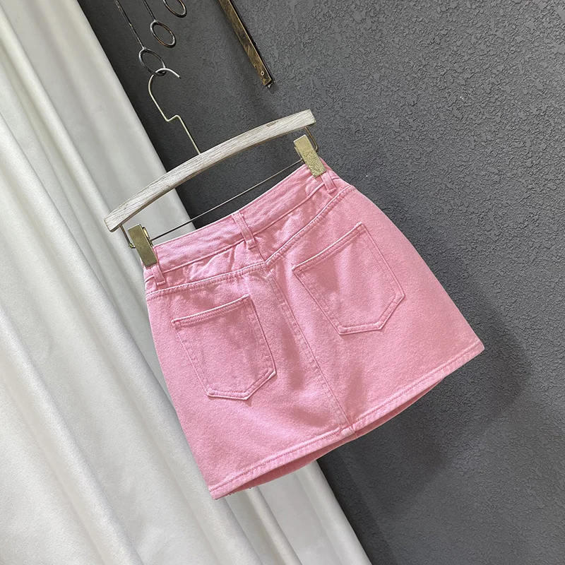 Personality Diamond Splice A-line Denim Skirt for Women's Streetwear High Waist Solid Color Slim Wrap Hip Skirts Female Summer