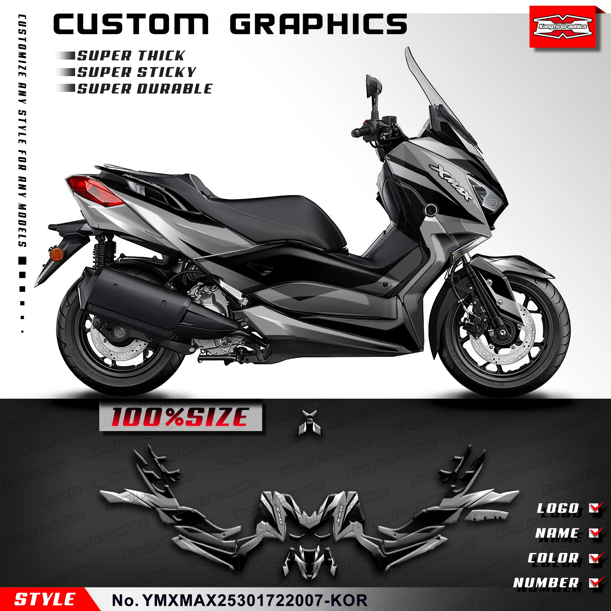 KUNGFU GRAPHICS Personalised Sticker Quality Decal Kit for Yamaha XMAX 250 300 2017 2018 2019 2020 2021 2022, Grey