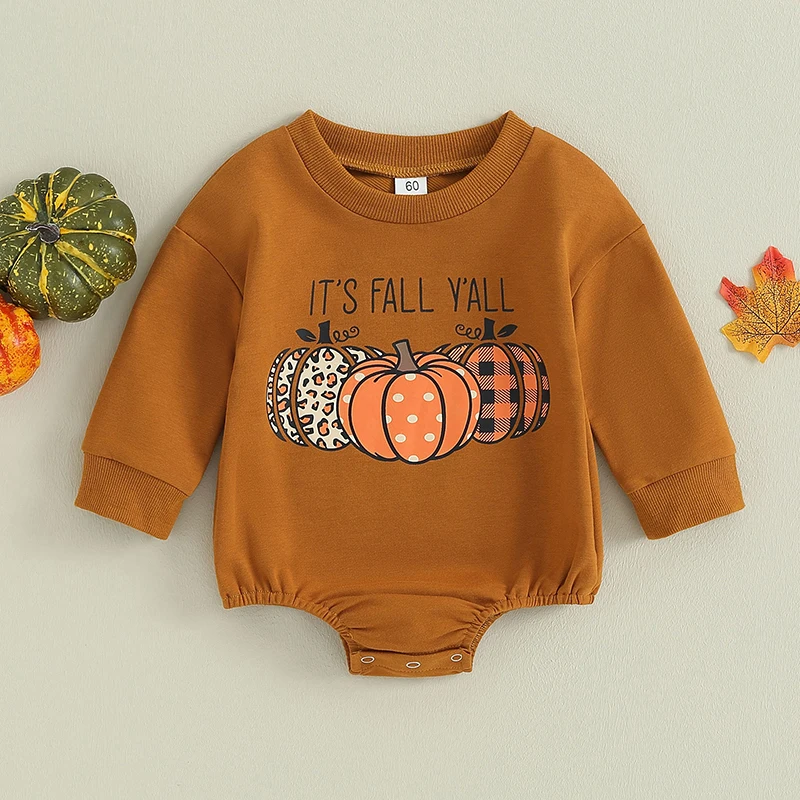 

Baby Girls Boys Sweatshirts Rompers Halloween Clothes Letter Pumpkin Print Long Sleeve Toddler Fall Bodysuits