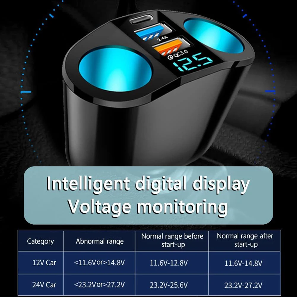 QC3.0 Car Charger Dual USB Power Adapter Car Cigarette Lighter Socket LED Digital Display Lighter USB Dual Power Splitter