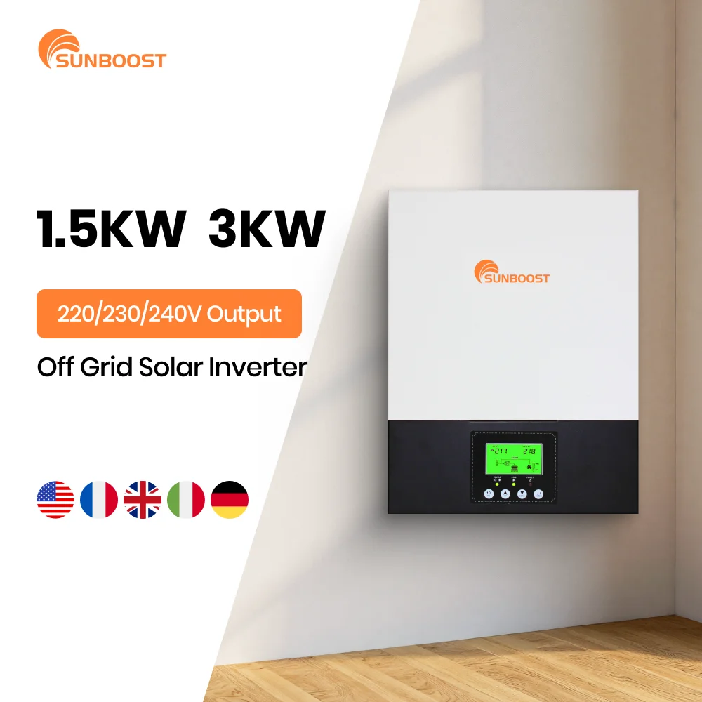 อินเวอร์เตอร์พลังงานแสงอาทิตย์แบบไฮบริด Sunboost 1.5KW 3KW ออนกริด/ออฟกริด 1500W 3000W MPPT 12V 24V แบบสตริง คลื่นไซน์บริสุทธิ์ ระบบเดี่ยว 230VAC 240V 1
