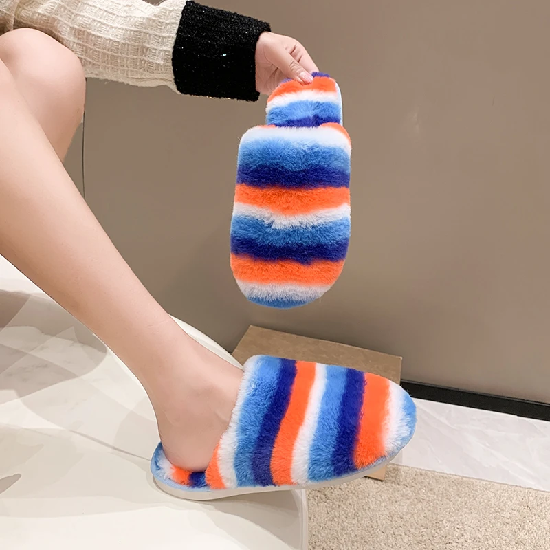 

Winter Women's Home Slippers Faux Fur Fashion Colorblock Thermal Shoes Women's Flats Comfortable Home Furry Slippers Dames
