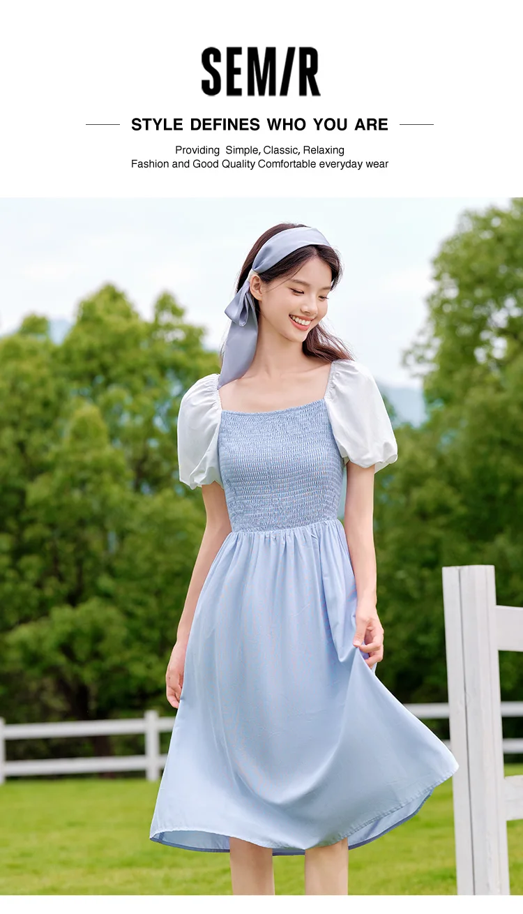 Dress Women Color-Blocking Puff Sleeves Sweet and Elegant Temperament Autumn Hepburn Style Tight Retro Skirt
