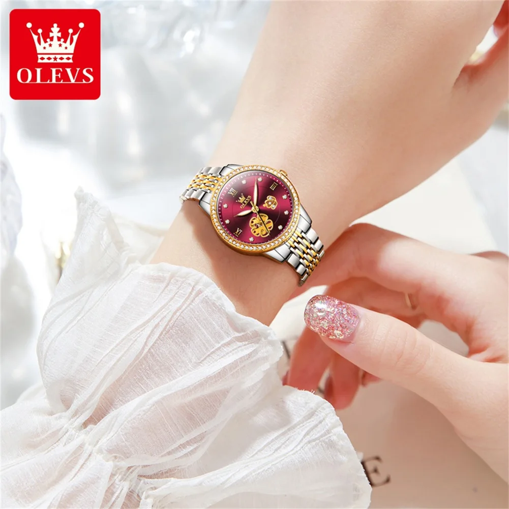 OLEVS Brand Fashion Red Diamond Mechanical Watch for Women Stainless Steel Waterproof Luminous Skeleton Watches Montre Femme