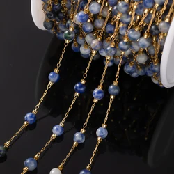1 Meter Elegant Round Stone Bead Stainless Steel Chain for Crafting & Jewelry Making (Blue White)