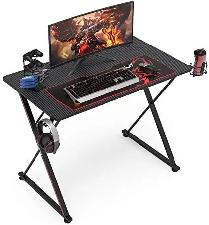 

Gaming Desk, X-Shape Computer Desk with Free Mouse pad, Cup Holder& Headphone Hook & Controller Stand, Gamer Workstation Led fla