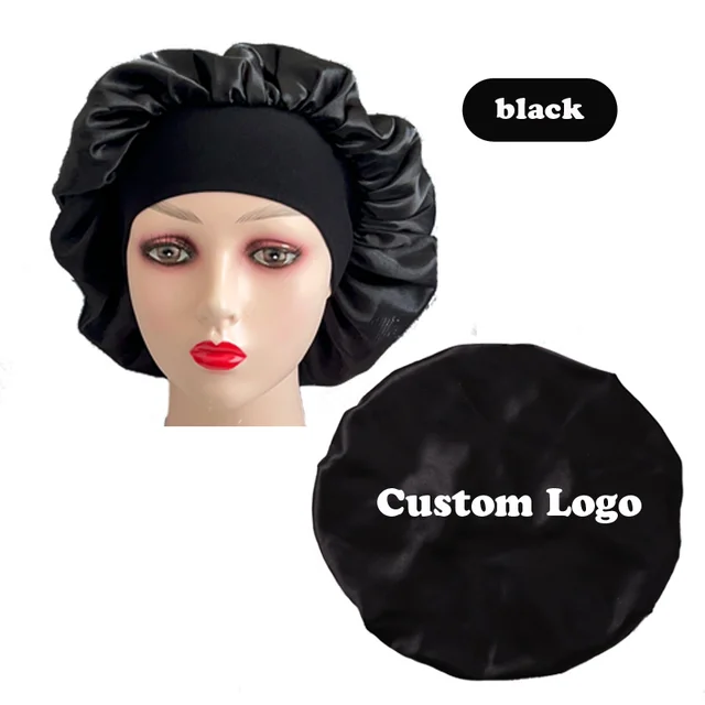 20Pcs Custom Logo Satin Bonnet Black Plain Hair Bonnets With 6Cm