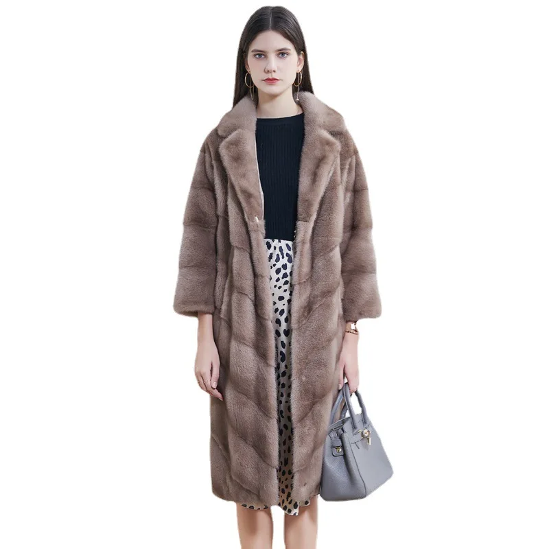 Mink Fur Women's Whole Mink Coat Suit Collar Mid Length Fur Coat Winter