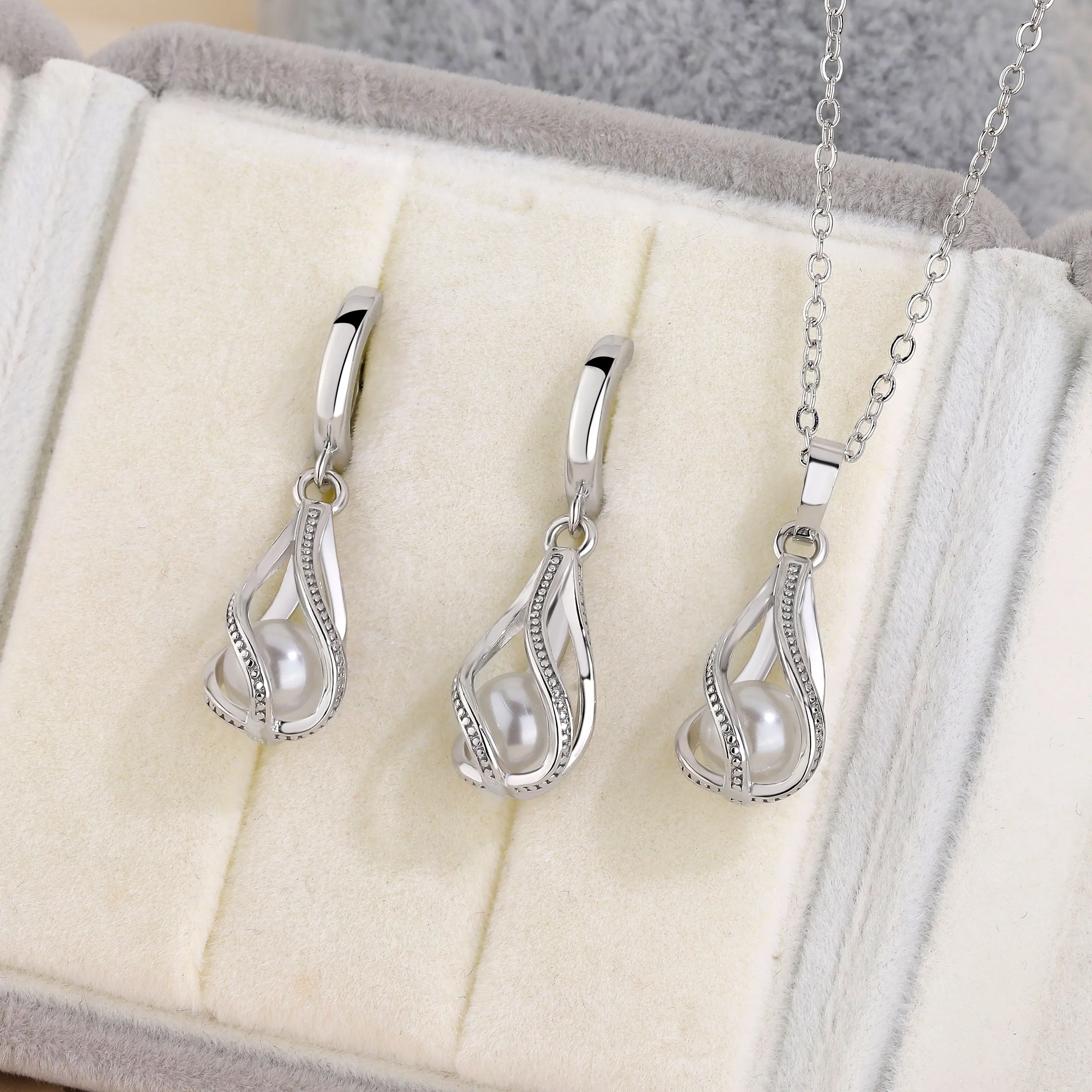 Jewelry Sets Women Earrings Chain Necklace Romantic White Pearl