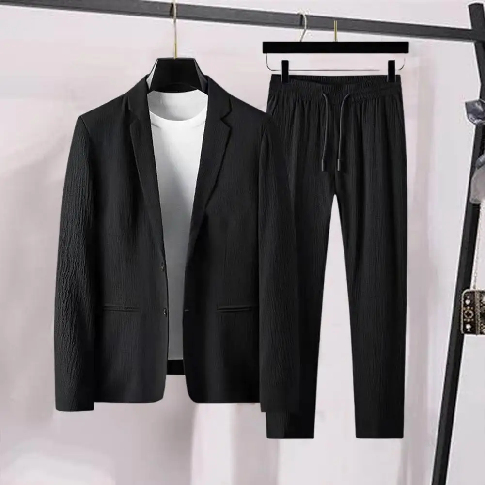 Stripe Spring Men Blazer Pants Set Pleats Pockets Solid Color Turndown Collar Outfit Lace-up Men Suit Wedding Male Formal Suit