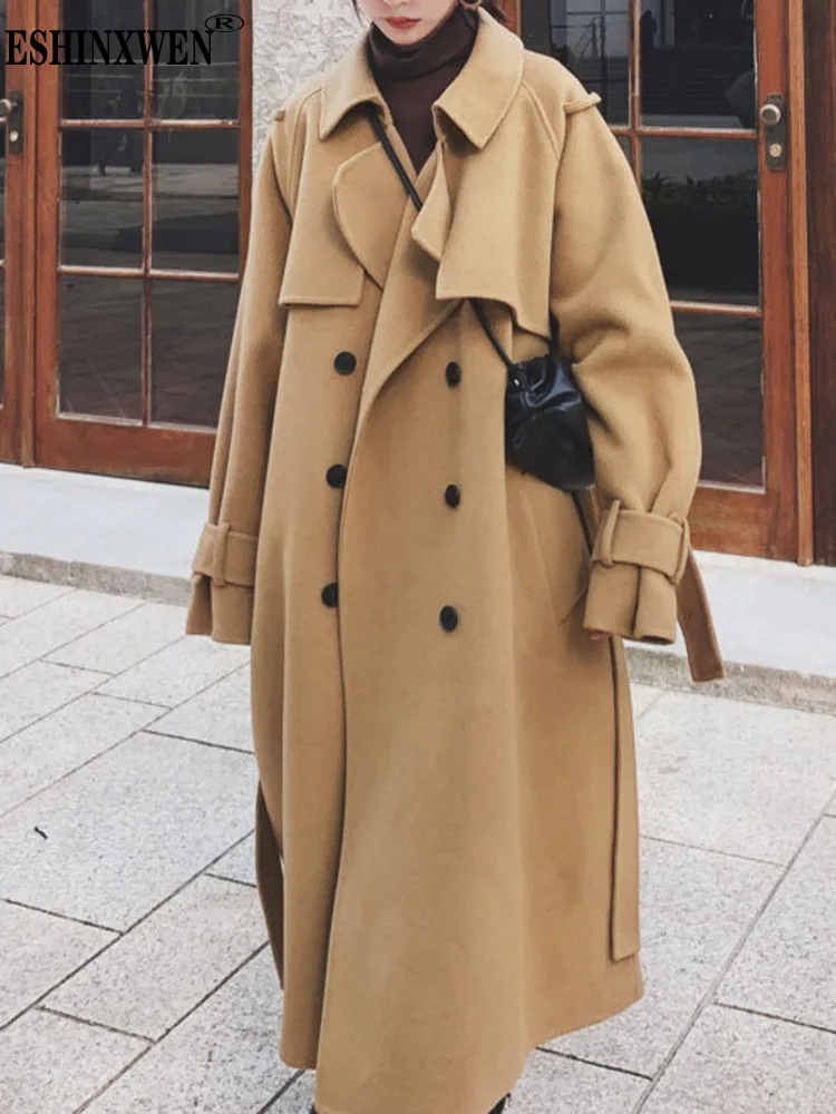 

Eshin Turn Down Collar Long Sleeve Double Breasted Woolen Windbreaker For Women 2023 Winter Fashion Female New Coats XF585