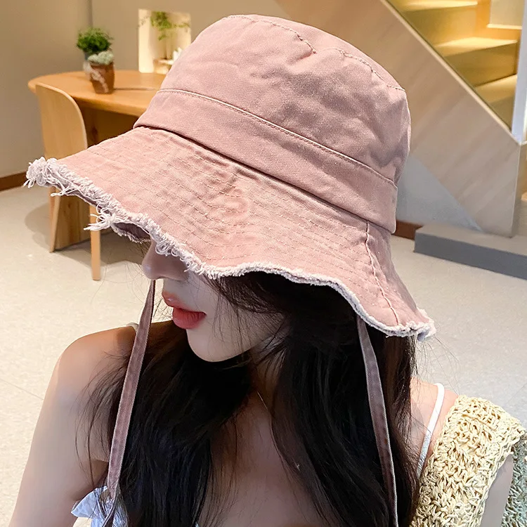 

South Korean ins antique made big brim Bucket hat with fur band in spring and summer Sun hat for male Sunshade in beach