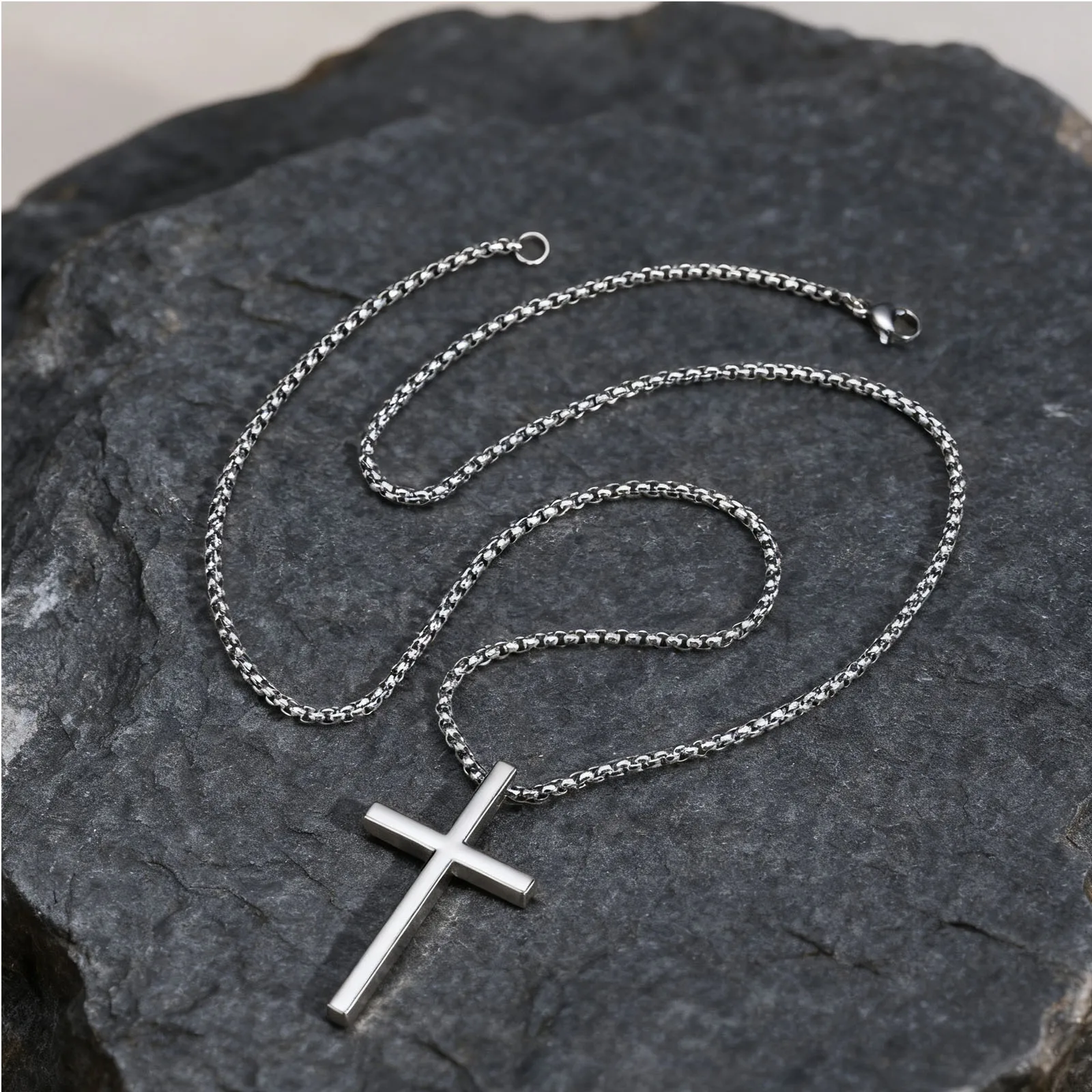 Basic Punk Cross Necklace for Men,Silver Color Metal Cross Pendant Necklace with Gift Card,Male Sweater Chain