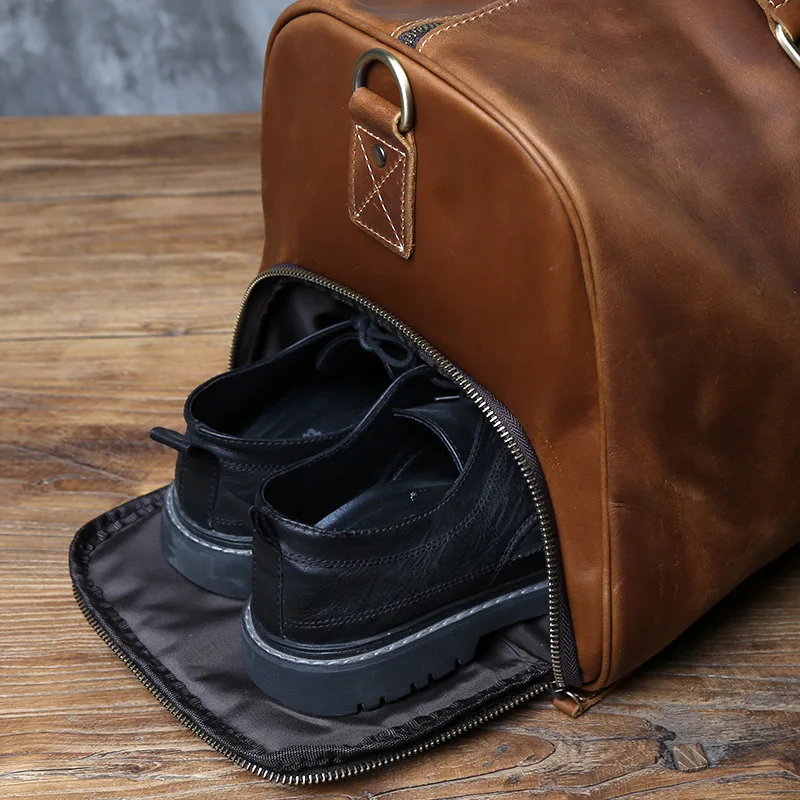 NZPJ Vintage Genuine Leather Men's Travel Bag Large Capacity Luggage Bag Crazy Horse Leather Handbag Natural Cowhide Crossbody