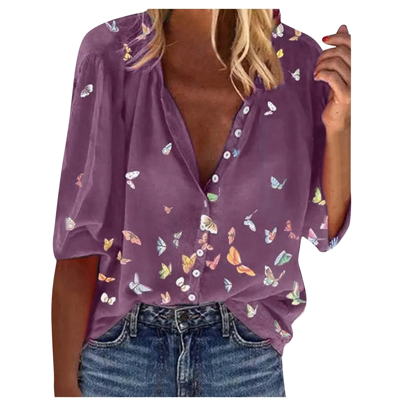 

Women's Fashion Long Sleeve Lapel Blouse Butterfly Printed Shirt Top Топы больших размеров más tamaño tops camisetas femininas