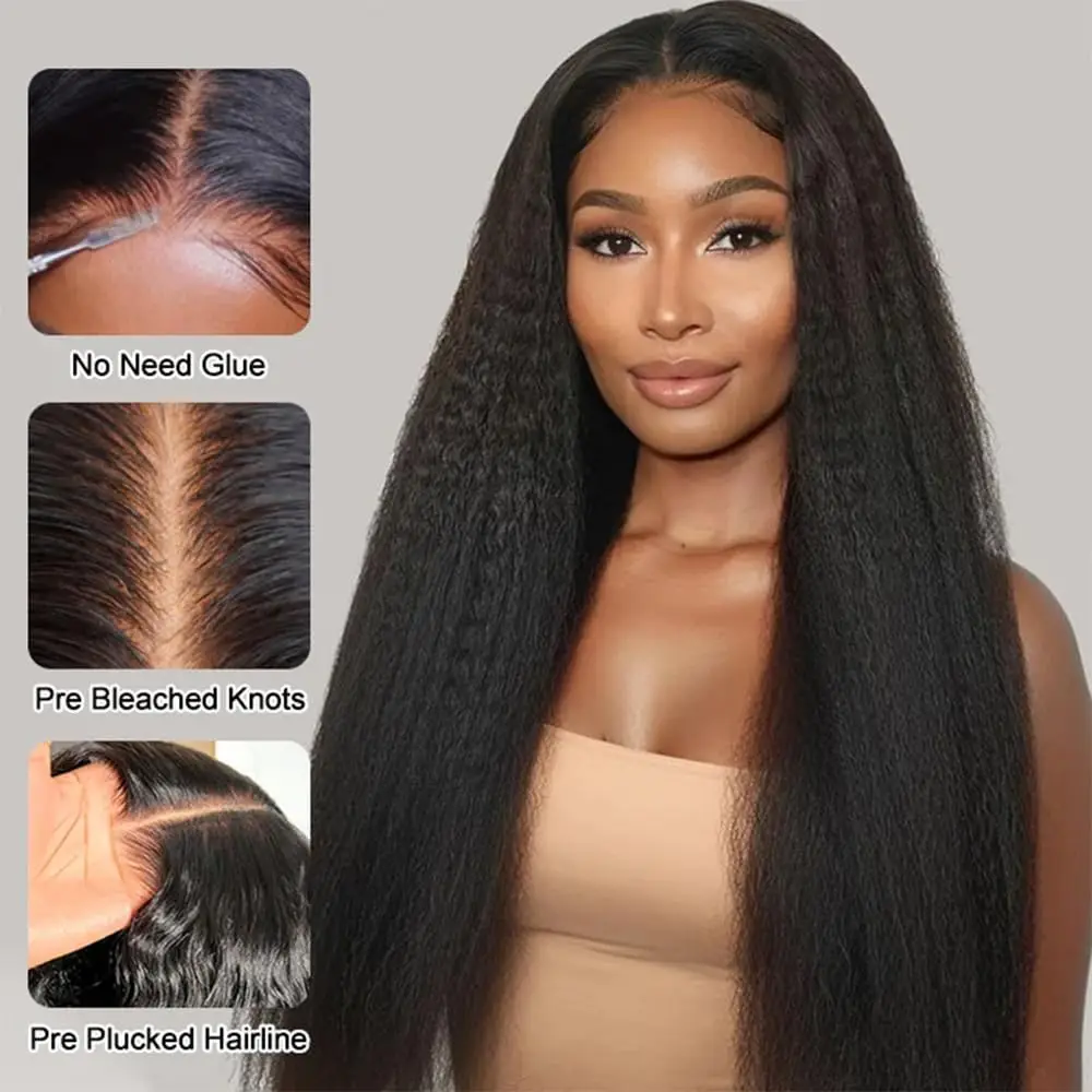 Kinky Straight Human Hair Lace Front Wigs 13x4 HD Lace Pre Cut Pre Plucked Invisible Knots Yaki Straight Wig for Black Women