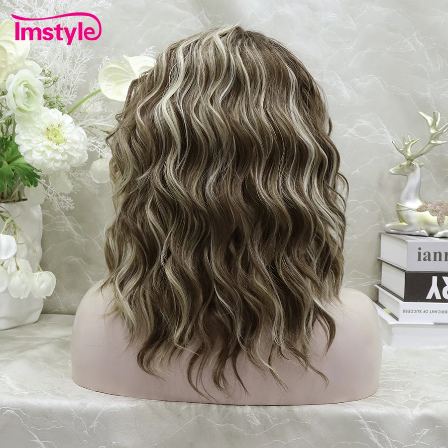 Synthetic Wig Imstyle Short Brown Lace Front Highlight Blonde Deep Wave For Women Heat Resistant Fiber Daily 14''