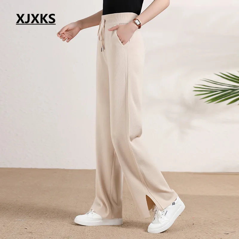

XJXKS 2022 Autumn Winter New High-end Woolen Women's Pants Fashion Lace Elastic Waist Solid Color All-match Slit Trousers
