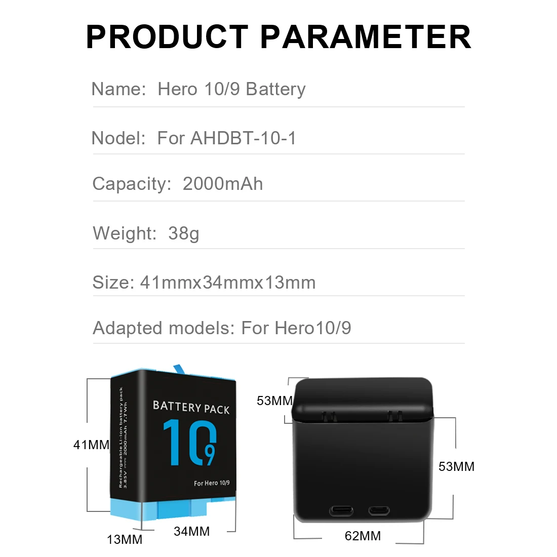 Rechargeable Battery Camera Battery For GoPro Hero 9 / Hero 10 Accessories 2000mAh