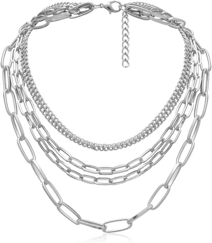Mehrschichtige Kettenhalsketten für Damen, 18 Zoll, vergoldete Paperclip-Kette, silberfarbene Choker-Halskette, Seil-Kugelketten, Punk-Schmuck