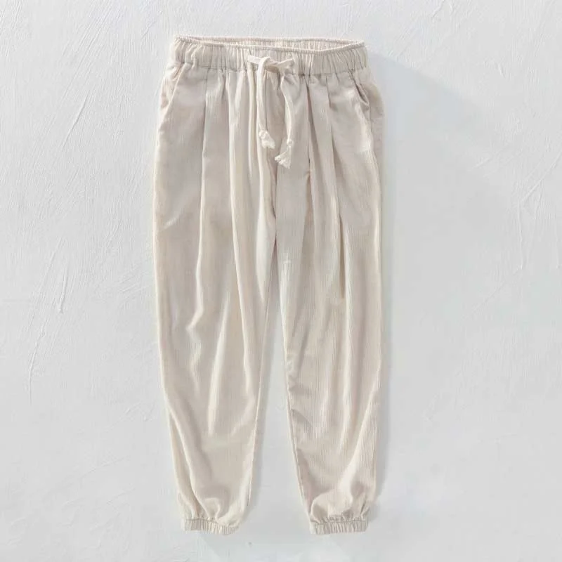 

Casual Linen Ankle Length Pants for Summer Men Beach Straight Loose Baggy Sandle Trousers Hip Hop Joggers Elastic Waist