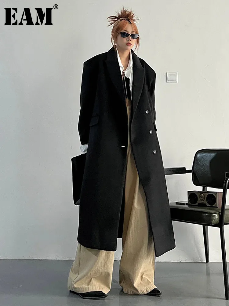 

[EAM] Loose Fit Black Big Size Color-block Woolen Coat Parkas New Lapel Long Sleeve Women Fashion Autumn Winter 2024 1DF3711