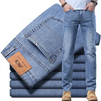 2024 Spring and Summer Thin Men's Light Blue Jeans Classic Style Business Fashion Stretch Fabric Straight Pants Male Brand 1