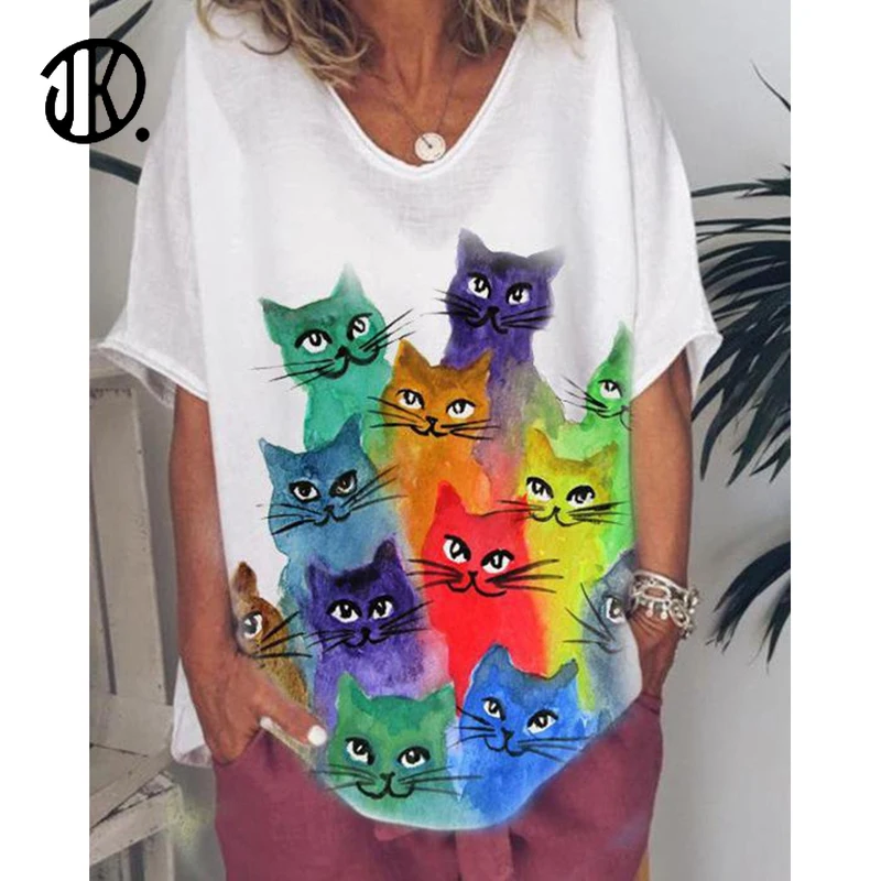 

Cute Cat Top For Woman Short Sleeve Animal Print T-shirt Loose Casual V-Neck Fashion Pullover Tops Female T Shirts Tee