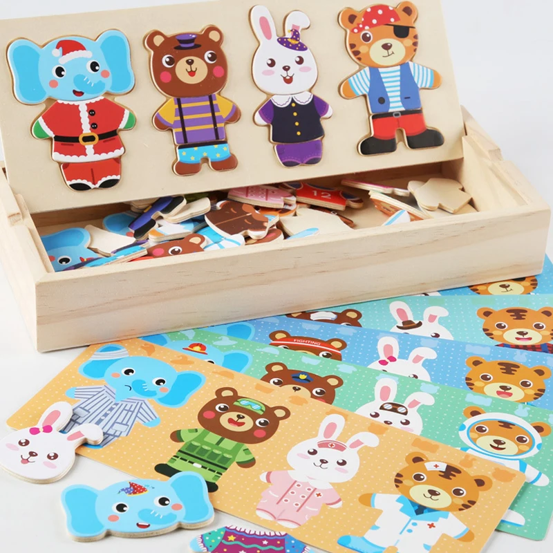 Elephant Bear Change Clothes Children's Early Education Wooden Jigsaw Puzzle Dressing Game Baby Puzzle Toys For Children Gift 3