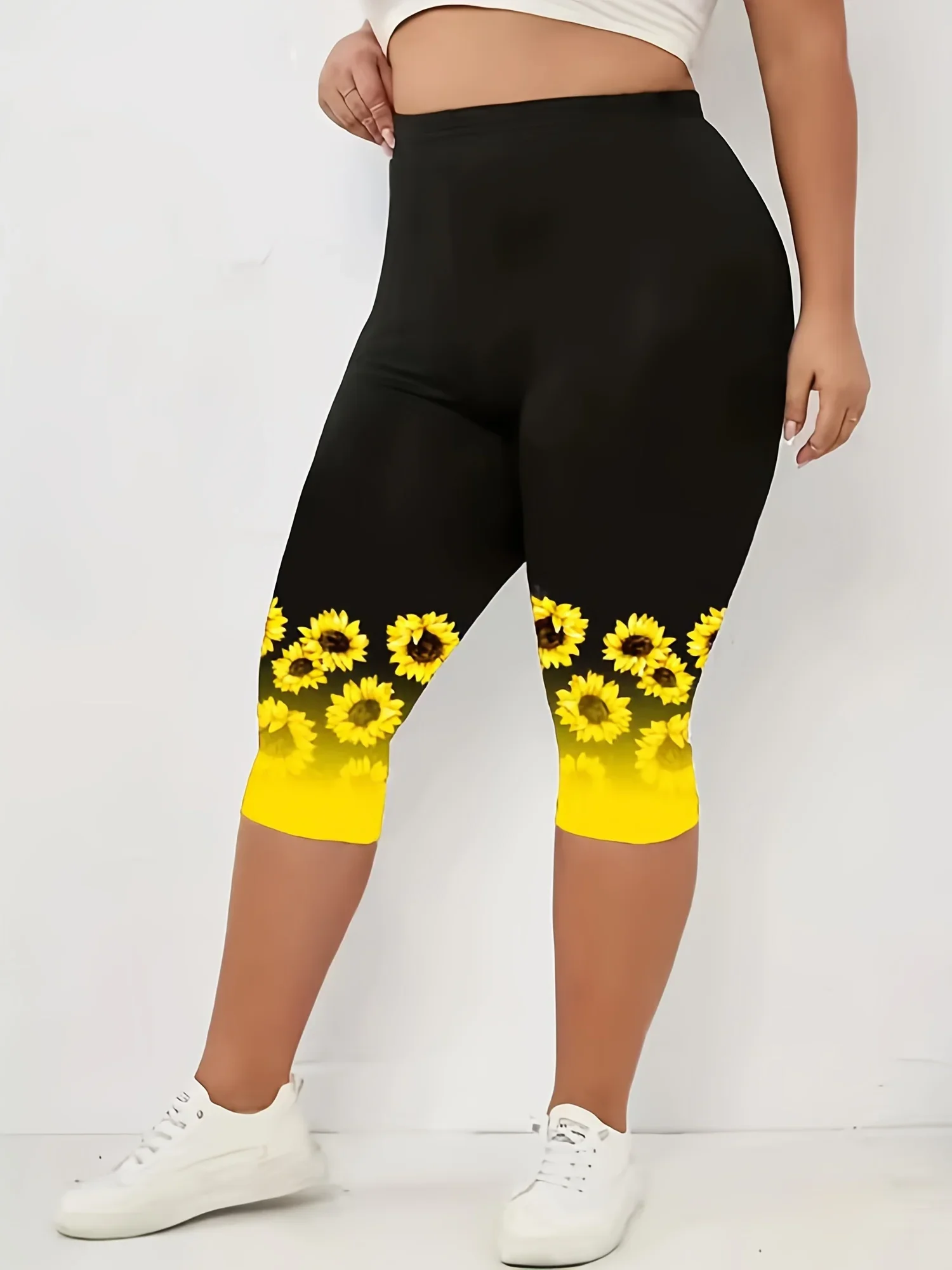 566454-8835aa.jpg Women's Plus Size Summer Fashion Sunflower Print Leggings Fitness Sports Seven Point Leggings Casual Yoga Leggings - Image 1