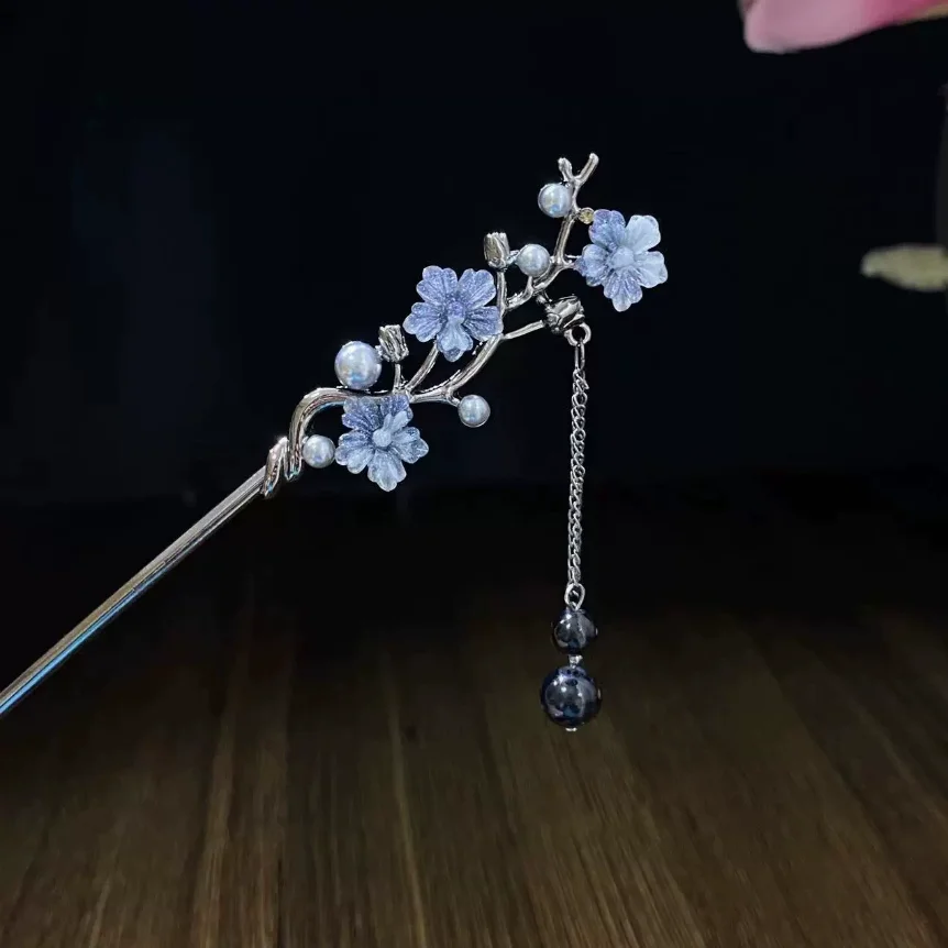 Klassischer Haarstab mit Blumen- und Metallfransen-Haarspange für Damen, Perlen-Haarschmuck mit schwarzen Perlen für Cheongsam-Haarknoten – Detail 12