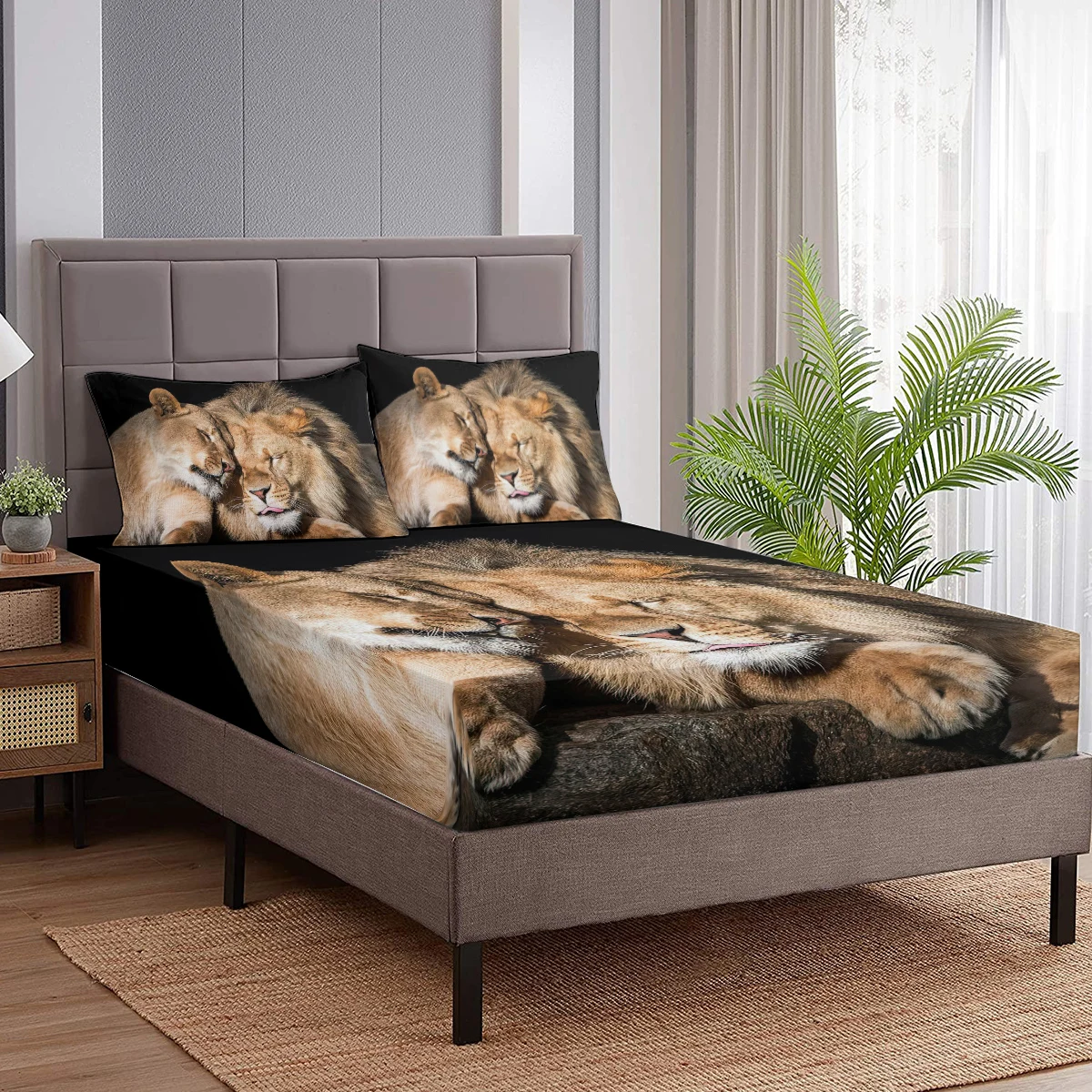 Lioness and Cub Snuggling With Each Other Fitted Sheet Deep Pocket Lightweight Bedding Set 2 Pillowcases 3 Piece 2
