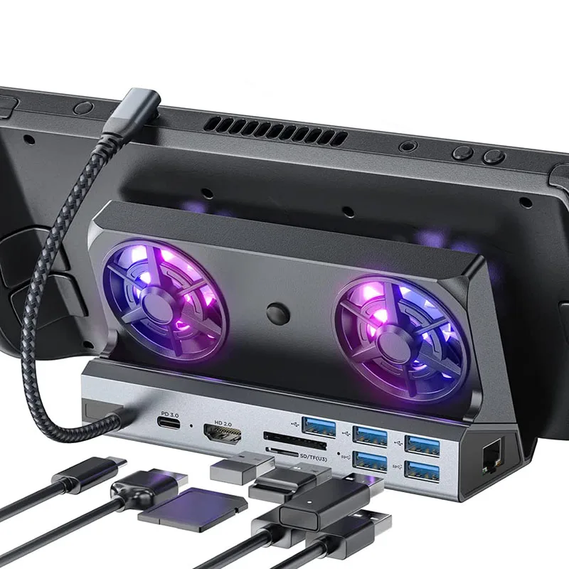

10-in-1 Docking Station for Steam Deck with HDMI 2.0 4K@60Hz+5 USB Data Port with Dual Cooling Fans Ethernet Full Speed Charging
