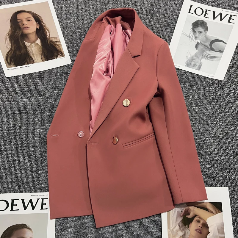 

Women Double Breasted Solid Casual Suit Coat Autumn Female Fashion Elegant Long Sleeve Outerwear Lady Loose Tops