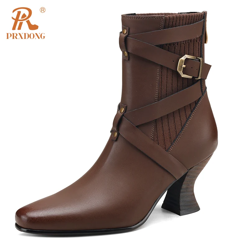 

PRXDONG Women's Shoes 2023 Brand Genuine Leather High Heels Black Brown Retro Autumn Winter Warm Ankle Boots Dress Party Lady 39
