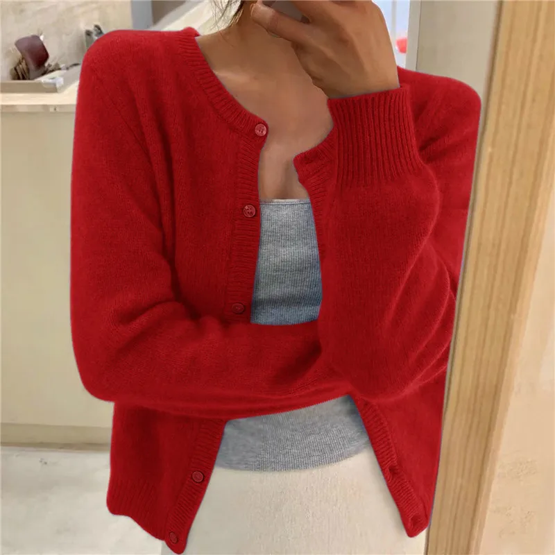 여성용 단색 니트 가디건, 한국 싱글 브레스트 긴팔 점퍼, 라운드 넥, 올 매치 가디건, 아웃웨어 2024