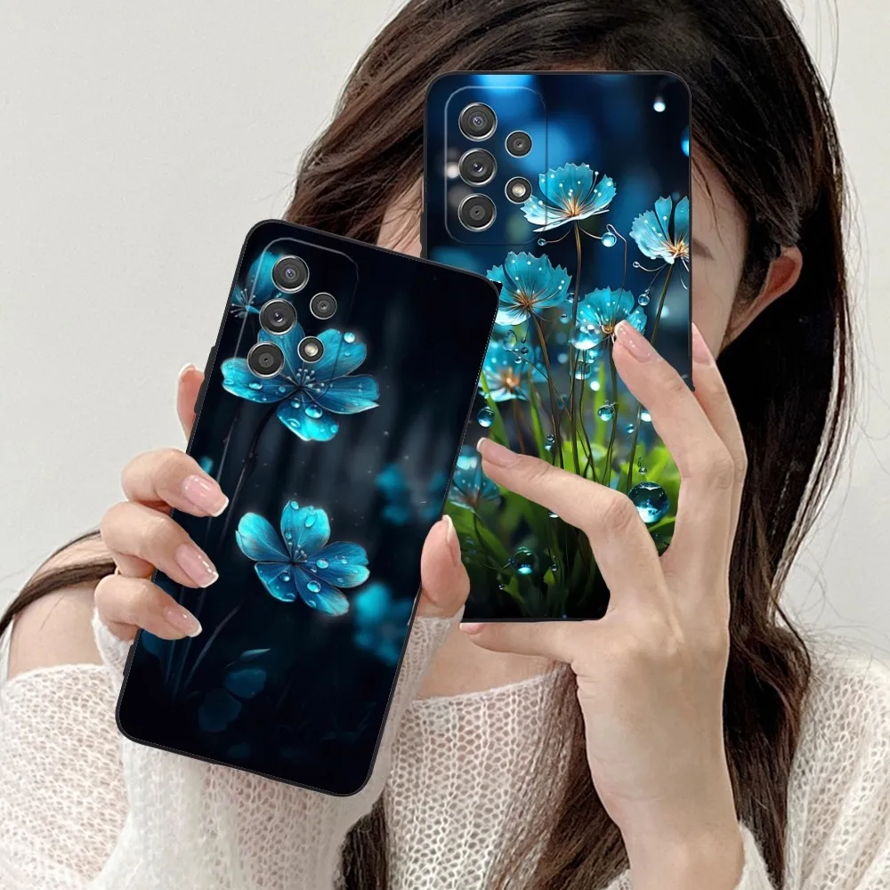 Dew Leaves Flowers Mobile Cell Phone Case For Samsung Galaxy A91 70 54 53 52 34 24 21 Note 20 10 M54 Plus Ultra 5G Black Cover