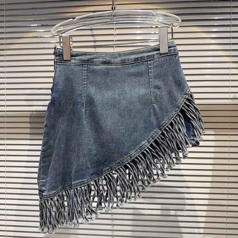 Irregular Tassels Short Denim Skirt High Waist Sexy Slim Skirts For