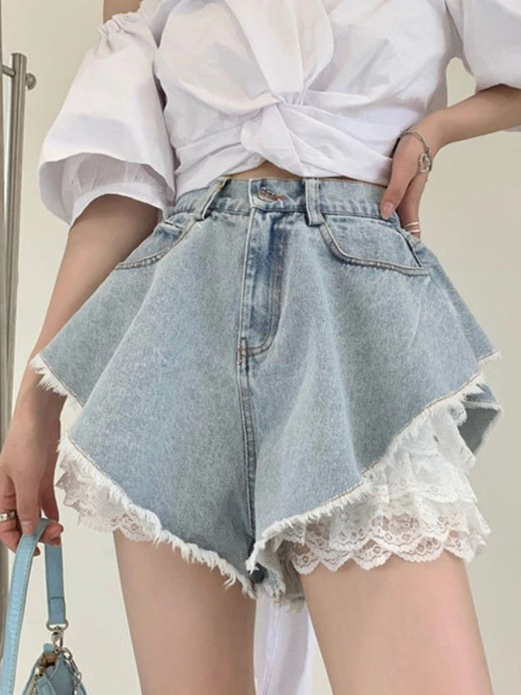 ADAGirl 여성용 블루 레이스 데님 반바지, Y2k 패션, 루즈 하이 웨이스트, 한국 스타일 캐주얼 A 라인 청바지, 레트로 스트리트웨어, 여름 바지