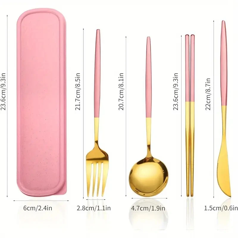 סט סכיני פלדת אל-חלד עם קופסת אחסון 4 יחידות סט כלי שולחן נייד לבית מטבח חדר אוכל כלי שולחן לבית