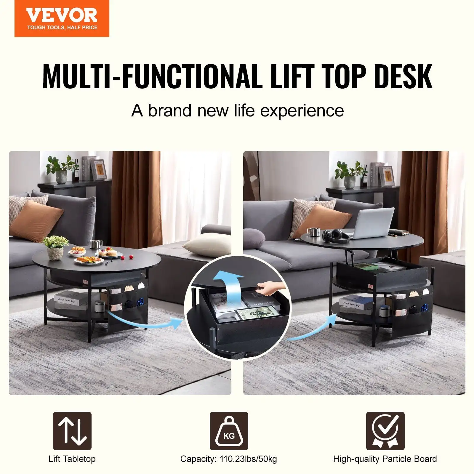 Lift Top Coffee Table 35.3" Round Coffee Table for Living Room Black 2