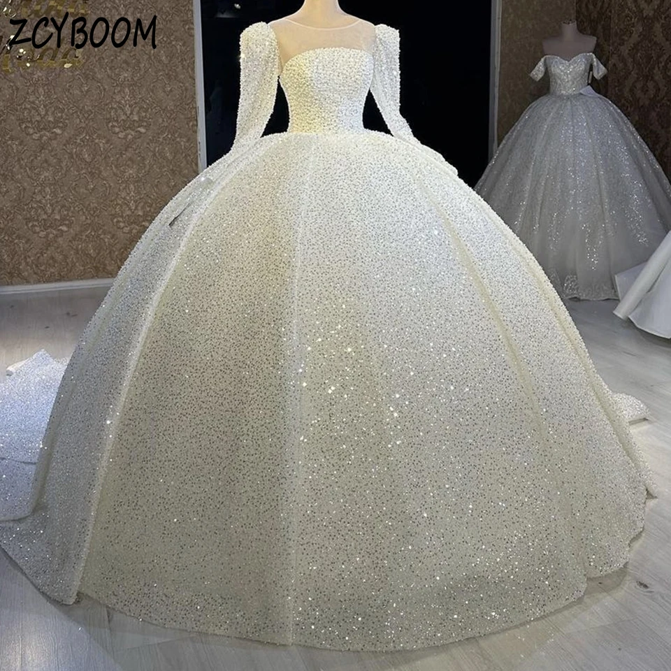 Luxury O-Neck Sequin Beaded Full Sleeves Wedding Dress 2023 Ball Gown Floor Length Sweep Train Lace Up Custom Made Bridal Gown