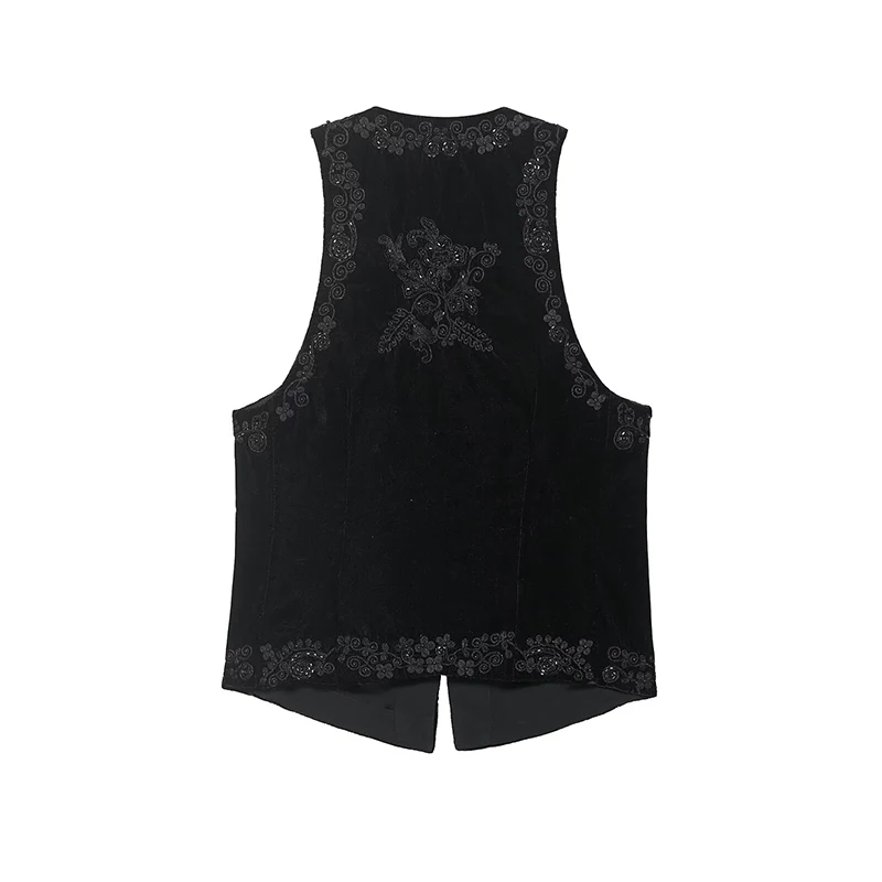 Chic Fashion Bead Embroidery Vest Woman Faux Suede Vests For Women V Neck Sleeveless Front Lace Up Waistcoat Vintage Crop Top