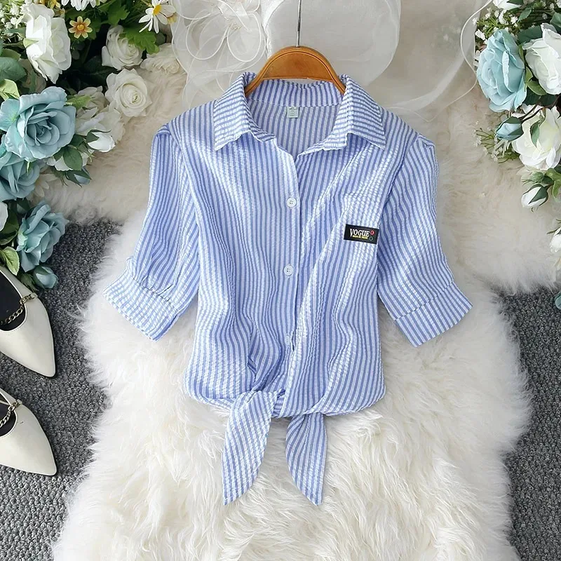 Casual White Blouse for Women Elegant Solid Short Sleeve Shirt Bow Belt Waist Office Lady Tops Summer Fashion Clothes 19870