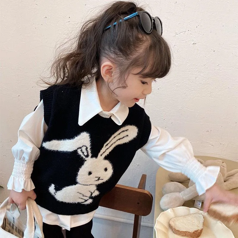 Girls Pullover Sweater Vest Spring Girls' Fashionable and Cute Little Rabbit Knitted Vest Baby Kids Loose and Versatile Top children vest