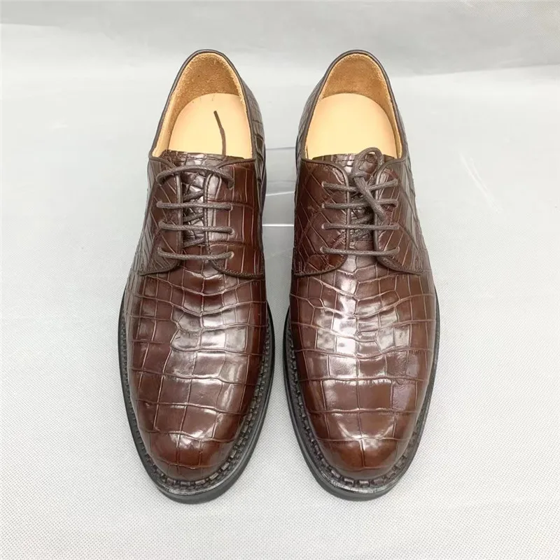 

Business Casual Style Authentic Real Crocodile Skin Men's Brown Derby Shoes Genuine Alligator Leather Male Lace-up Dress Oxfords