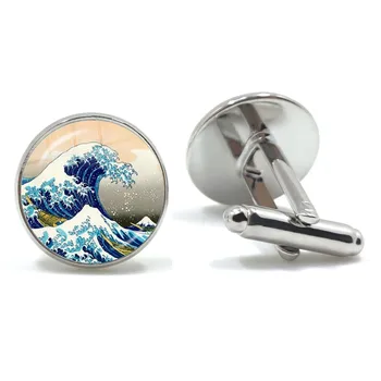 Great Wave of Kanagawa Cufflinks High Quality Hokusai Japanese Wave Glass Dome Photo Shirt Cufflinks Jewelry for Mens Gift